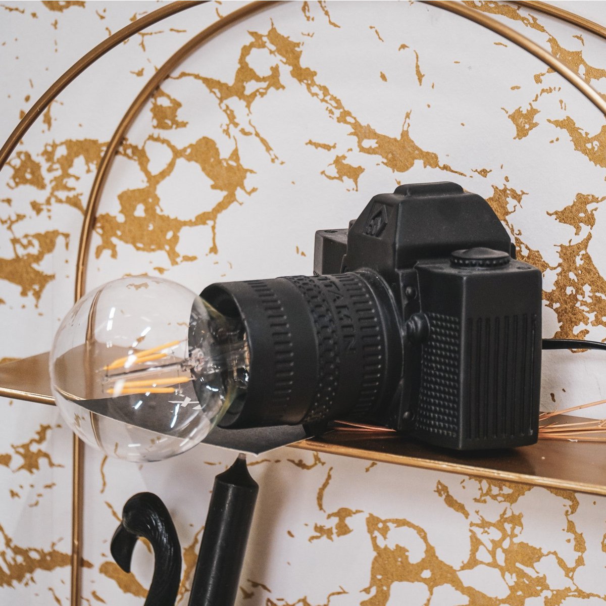 Tischlampe - Kamera - Polyresin - Schwarz - E27 - 15x12x14cm