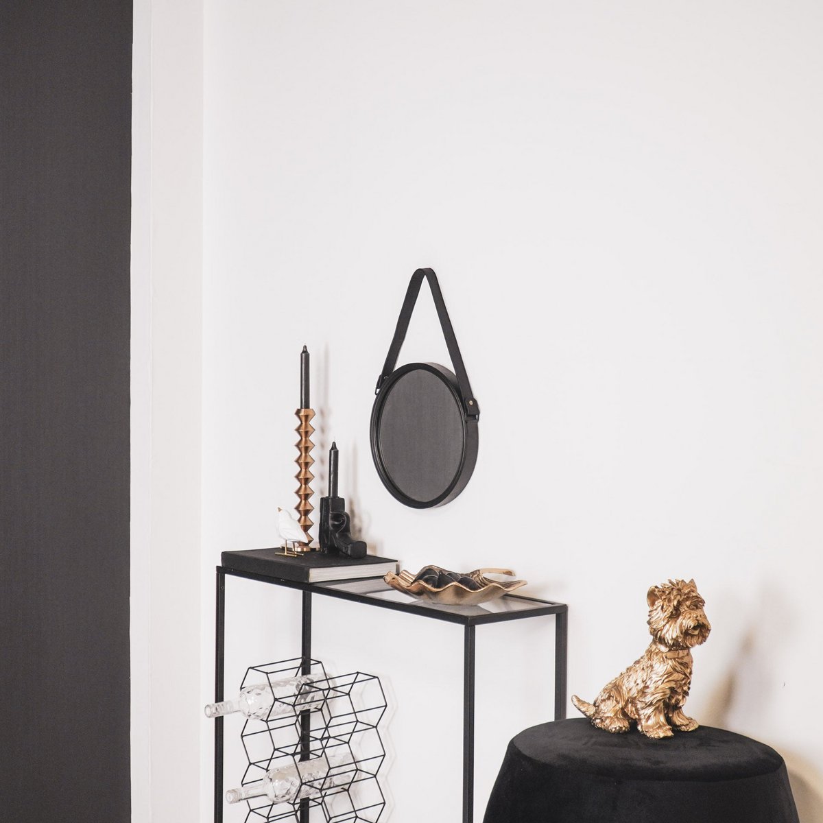Spiegel – Runder Wandspiegel – Leder/Metall – Schwarz – Ø30 cm