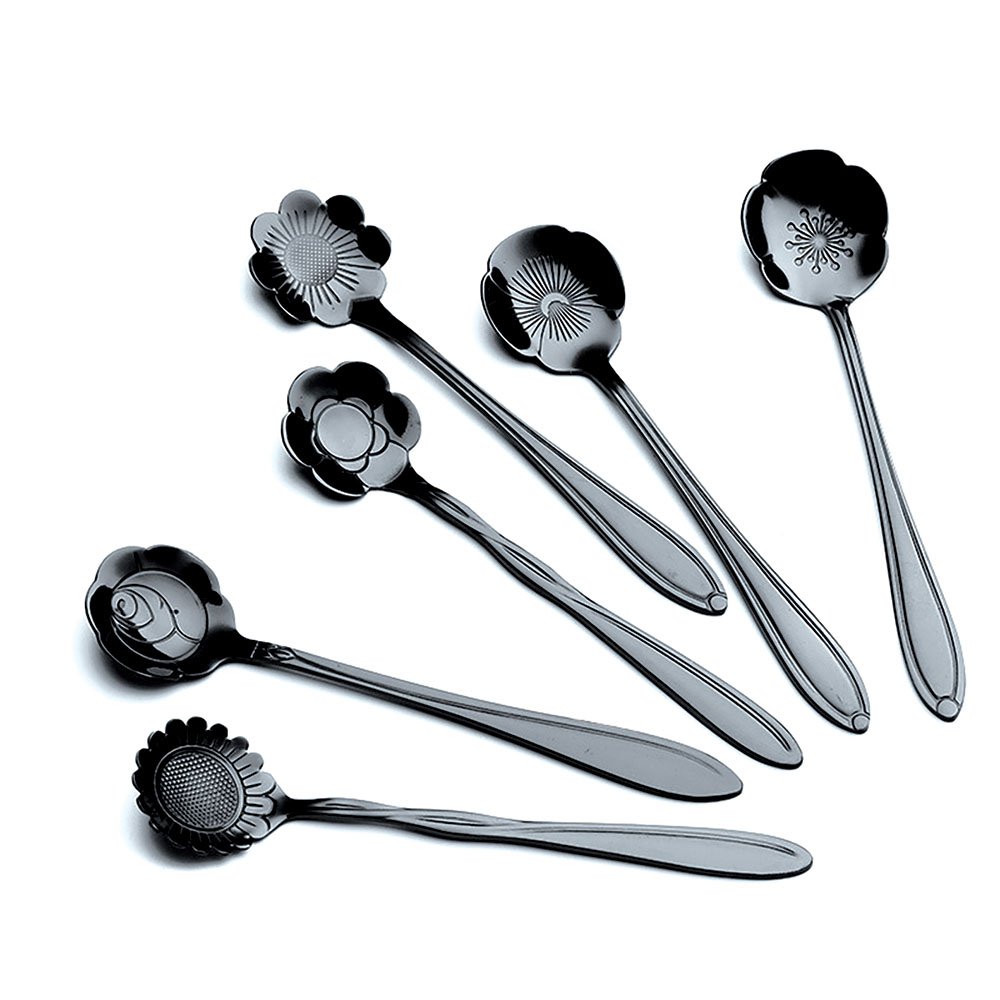 SCHWARZE SORTIERTE BLUMEN-KUCHENLÖFFEL – 6ER-SET